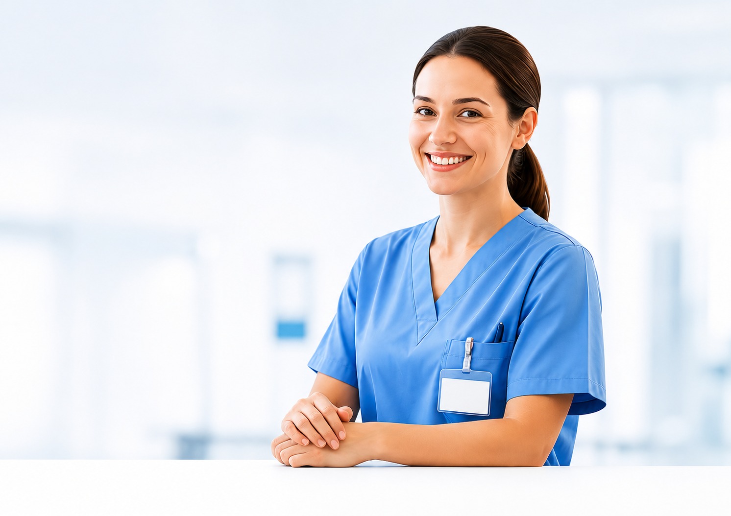 Nasmiješena medicinska sestra u plavoj uniformi prekriženih ruku